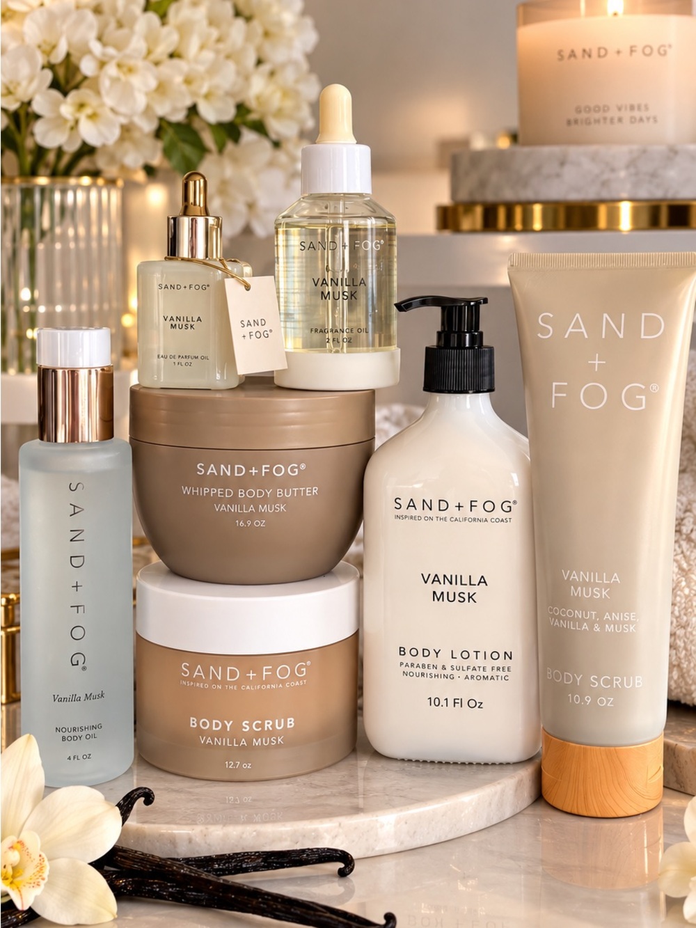 Sand + Fog vanilla musk bundle lotion , scrub , oil , serum